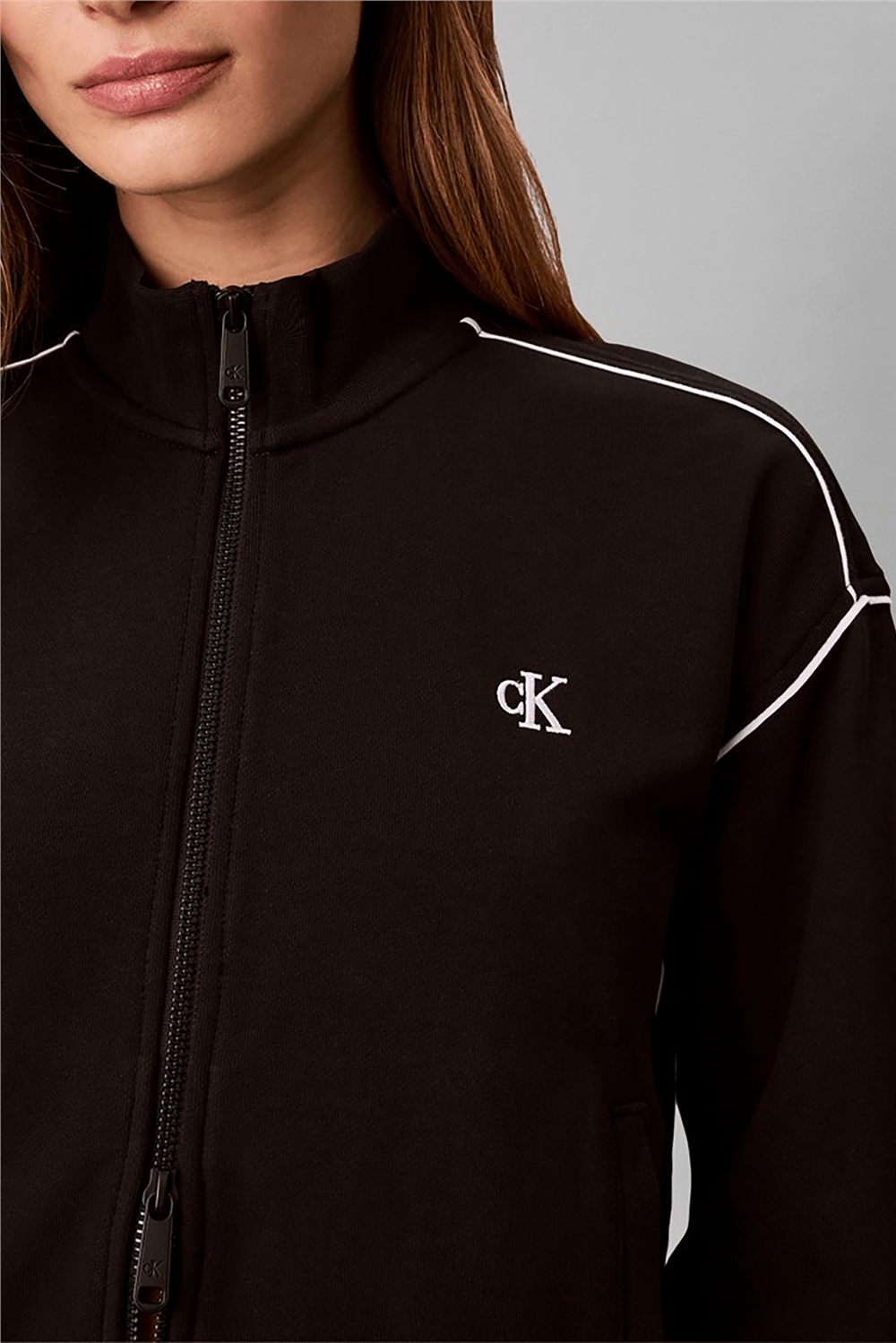 Calvin Klein Ls Monogram Terry Contrast Pipin Kadın Bisiklet Yaka Sweatshirt Siyah