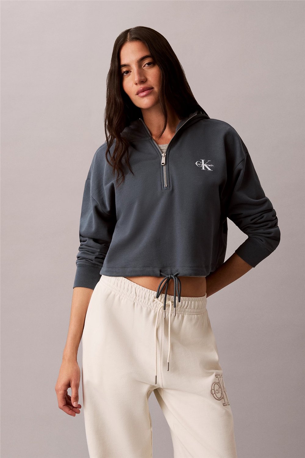Calvin Klein Ls Monologo Terry Cropped Tie Hz Kadın Kapüşonlu Sweatshirt