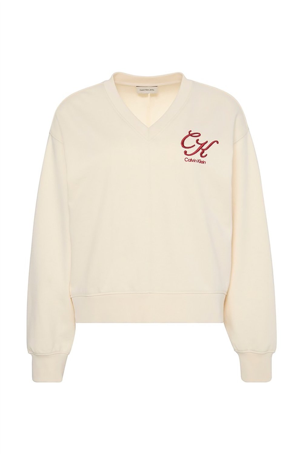 Calvin Klein Ls Premium Fleece Script Vneck P Kadın V Yaka Sweatshirt Bej