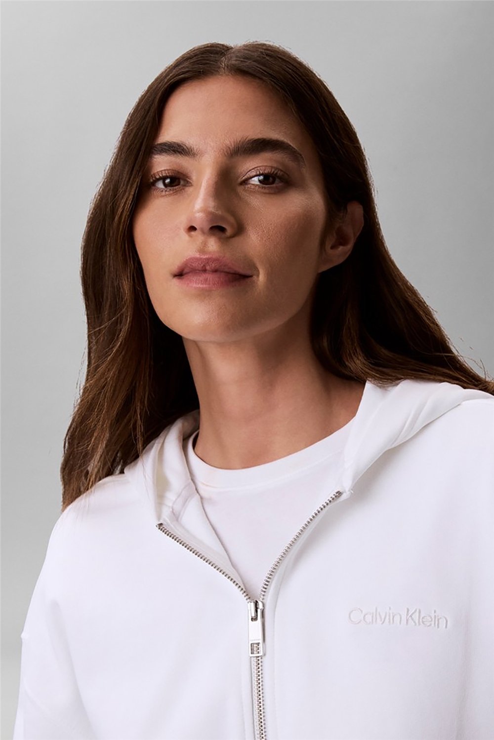 Calvin Klein Ls Terry Standard Logo Fz Hoodie Kadın Kapüşonlu Sweatshirt Beyaz