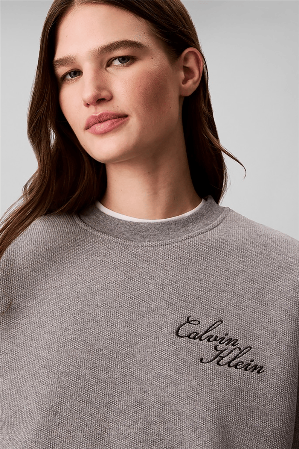 Calvin Klein Ls Textured Fleece Crewneck Kadın Bisiklet Yaka Sweatshirt Gri