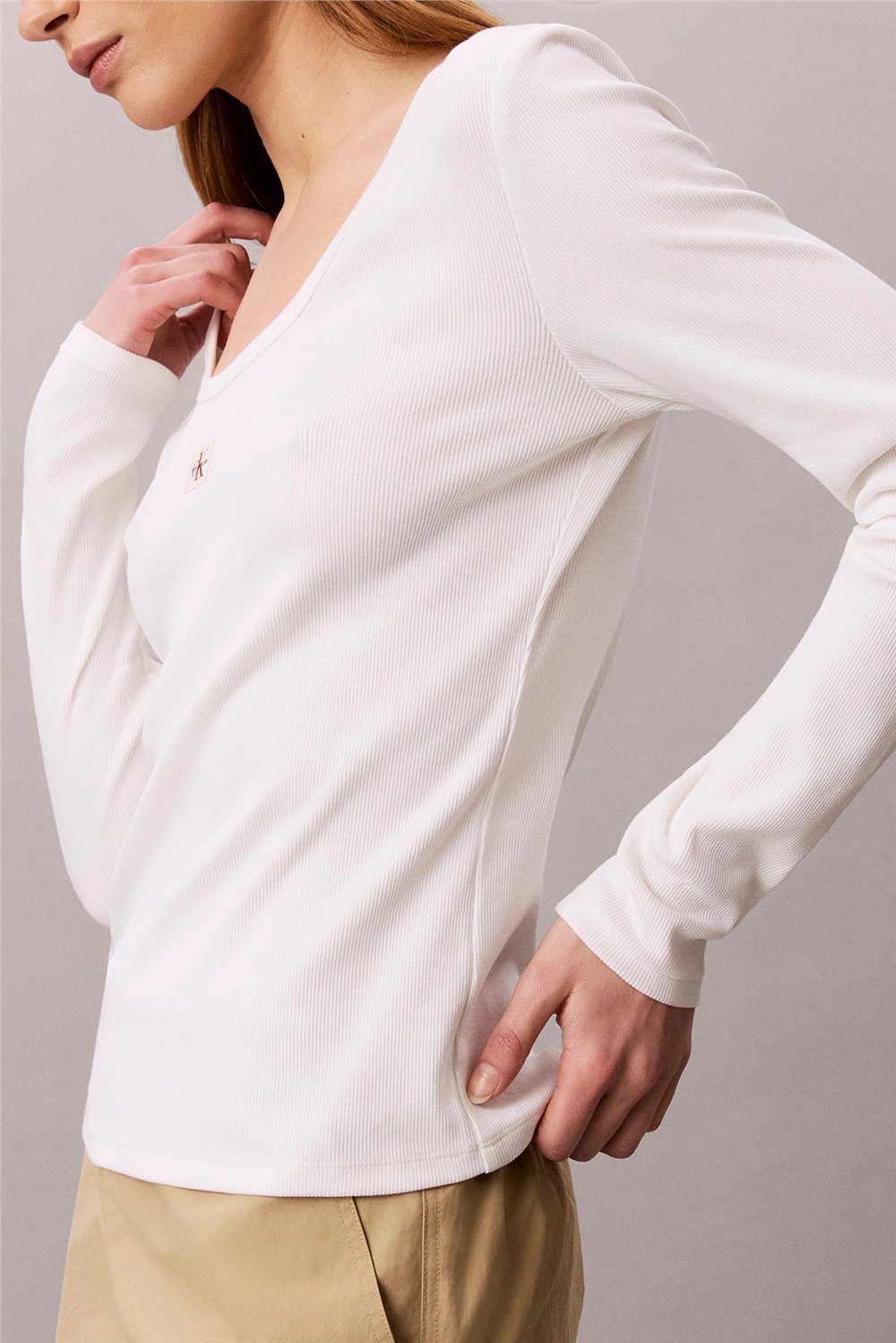 Calvin Klein Ls Woven Label 2X2 Baby Rib Scoo Kadın Bisiklet Yaka T-Shirt Beyaz