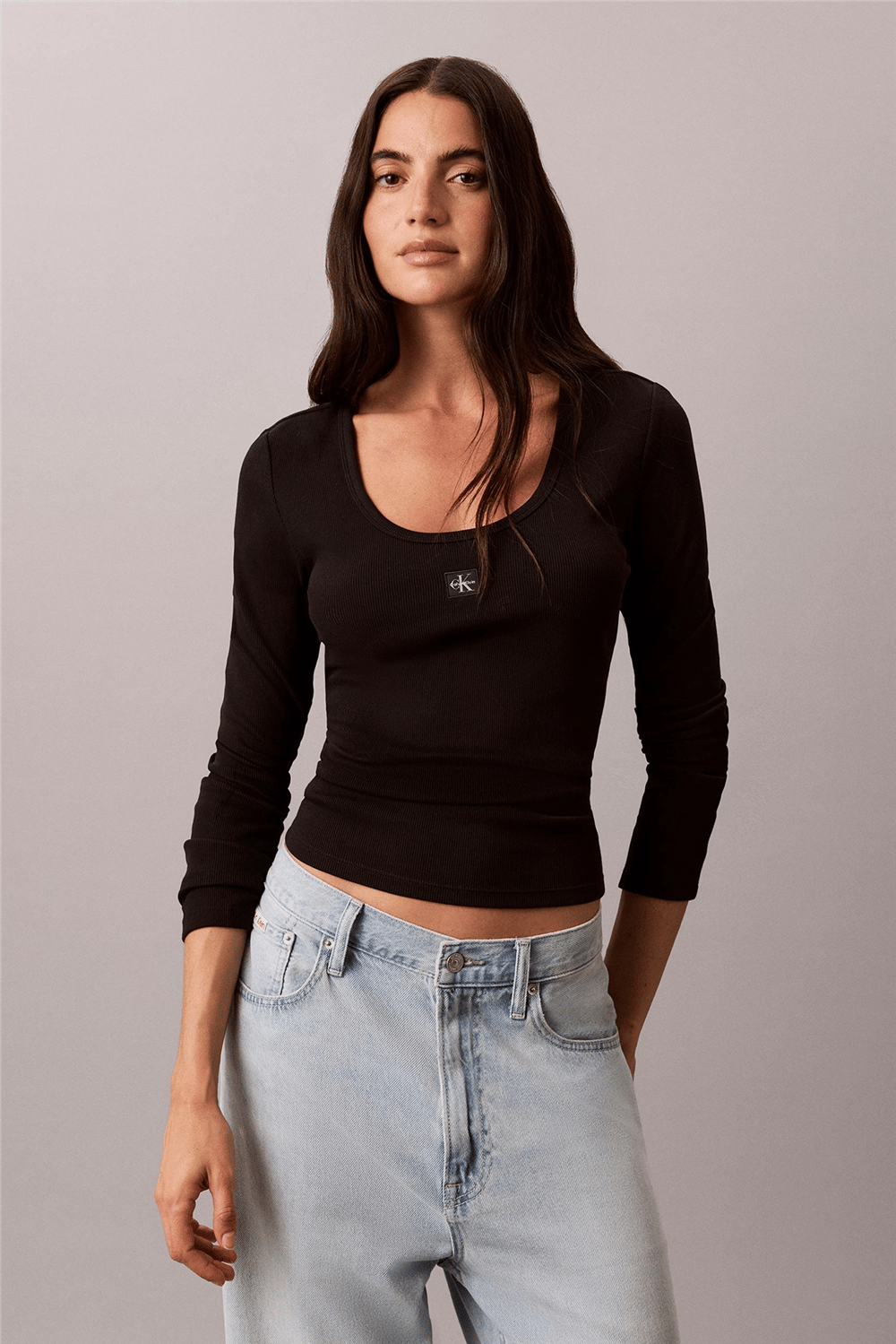 Calvin Klein Ls Woven Label 2X2 Baby Rib Scoo Kadın Bisiklet Yaka T-Shirt Siyah
