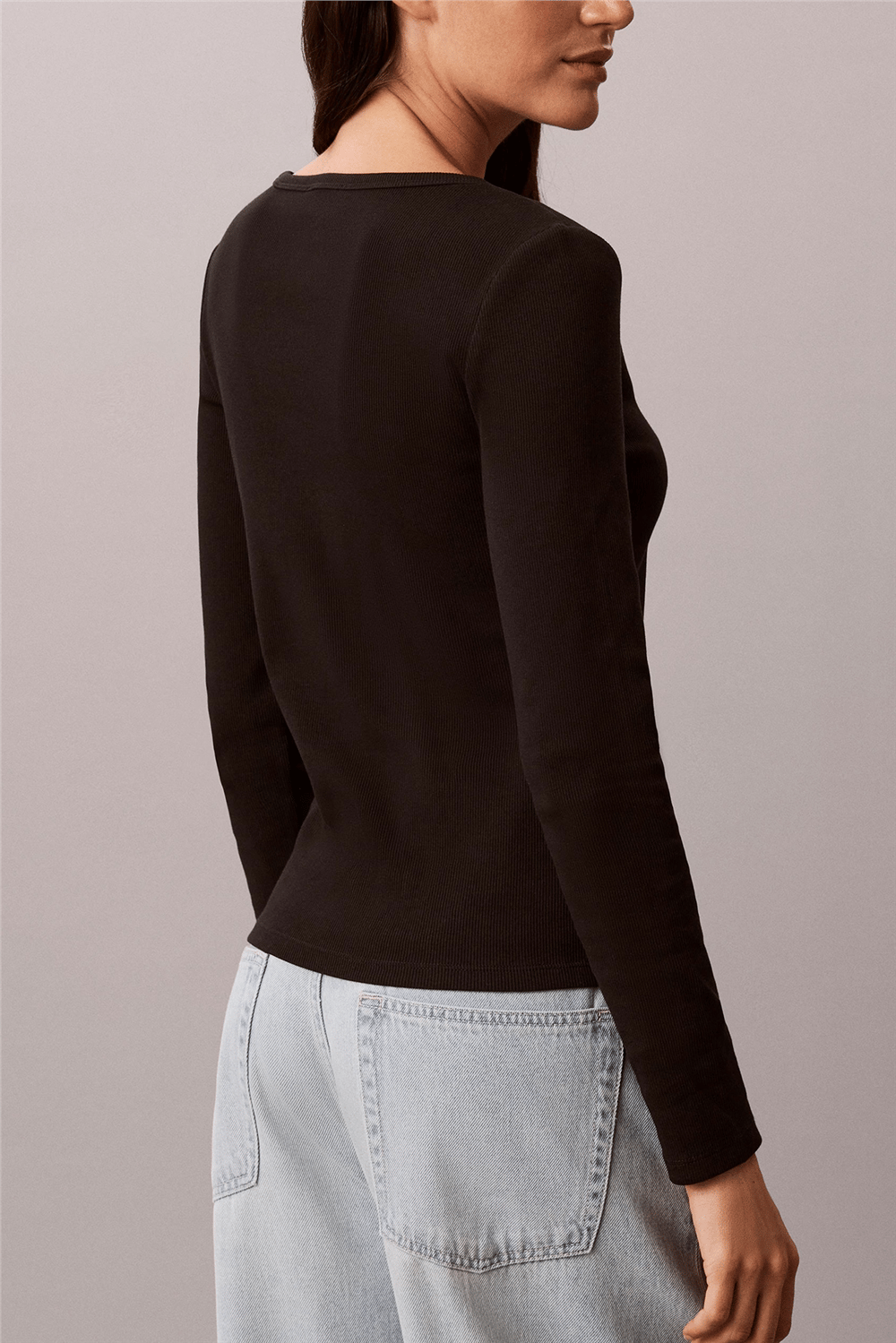 Calvin Klein Ls Woven Label 2X2 Baby Rib Scoo Kadın Bisiklet Yaka T-Shirt Siyah