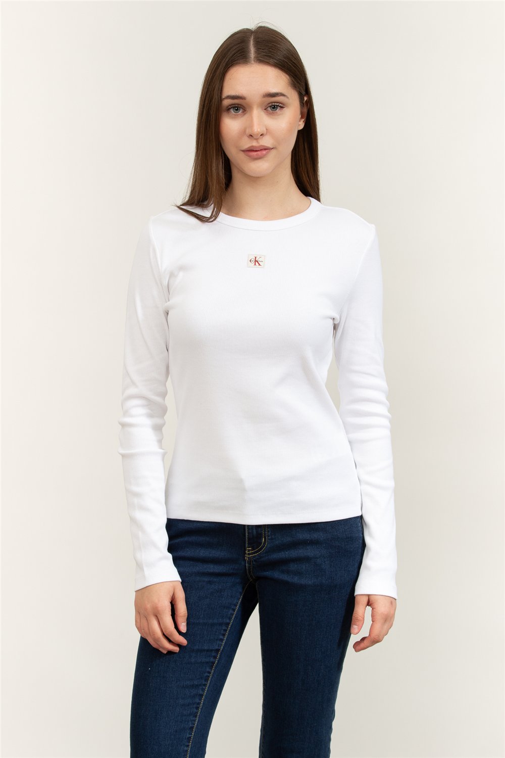 Calvin Klein LS Woven Label 2X2 Rib Crew Top Kadın Bluz