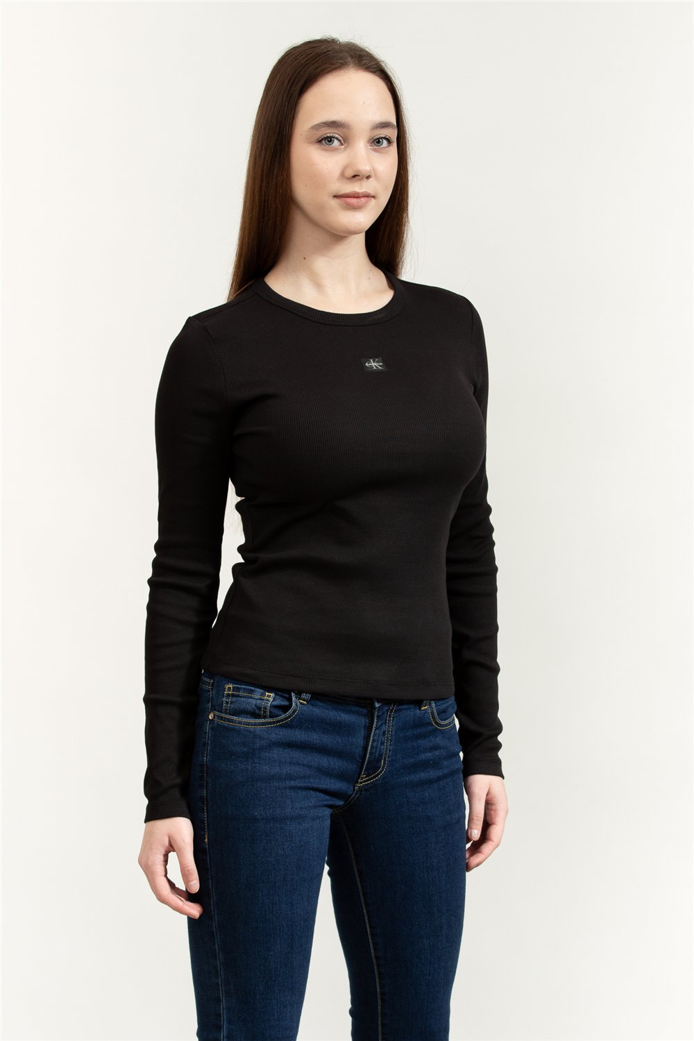 Calvin Klein LS Woven Label 2X2 Rib Crew Top Kadın Bluz