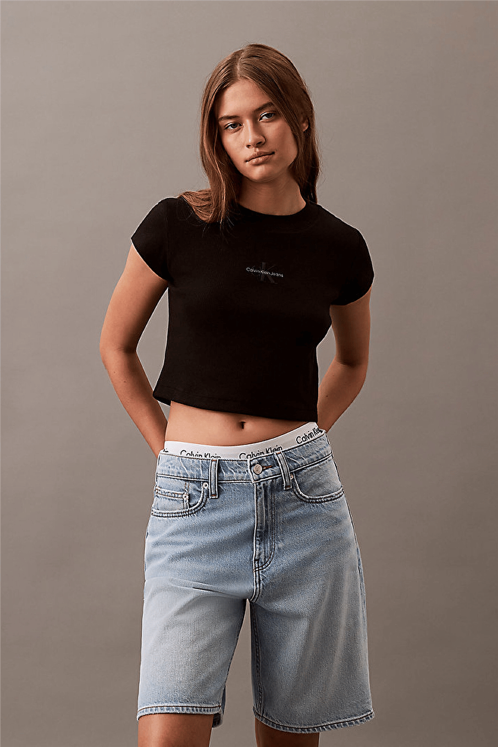 Calvin Klein Monologo Baby Rib Tee Kadın Bisiklet Yaka T-Shirt Siyah