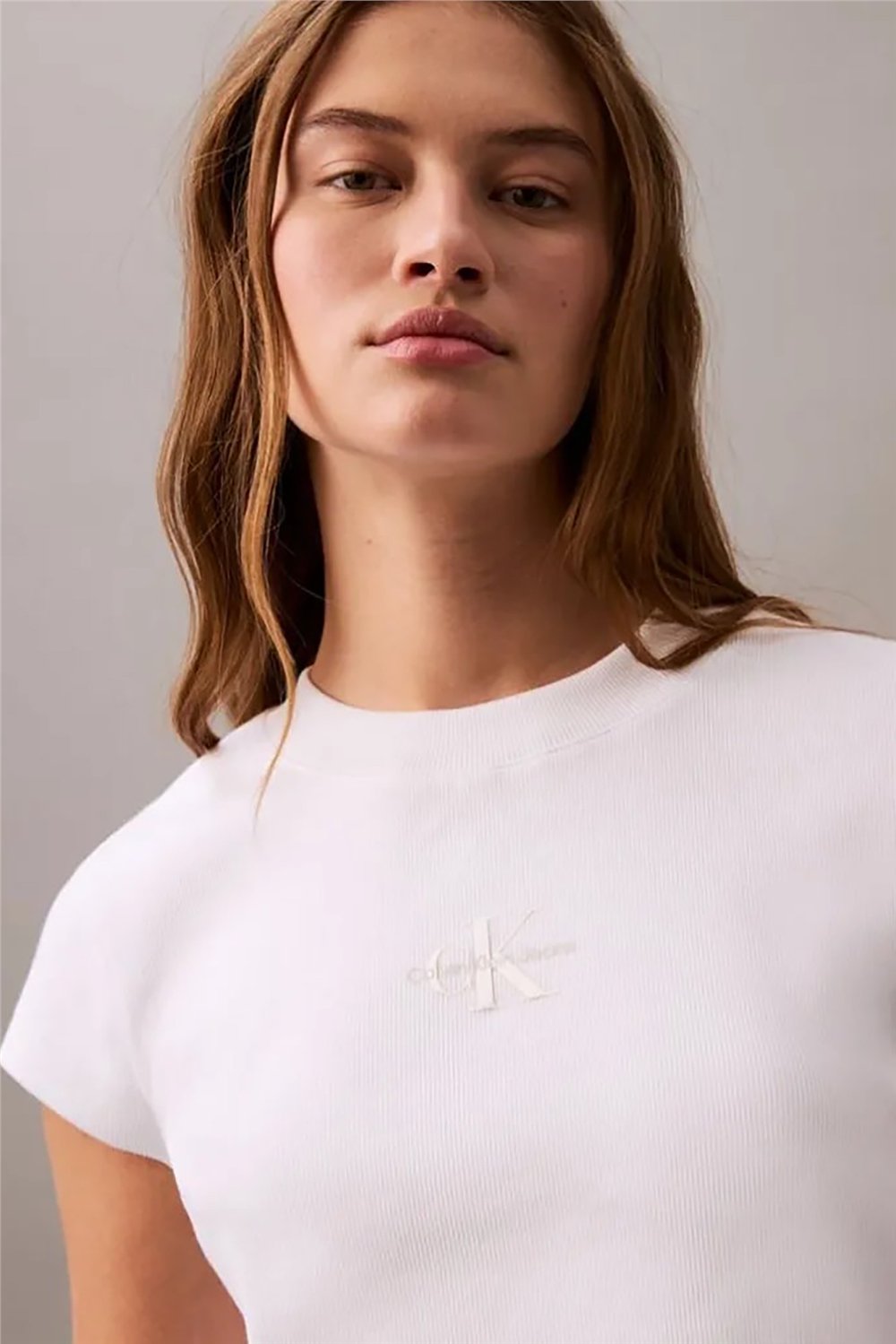 Calvin Klein Monologo Baby Rib Tee Kadın Bisiklet Yaka T-Shirt Beyaz