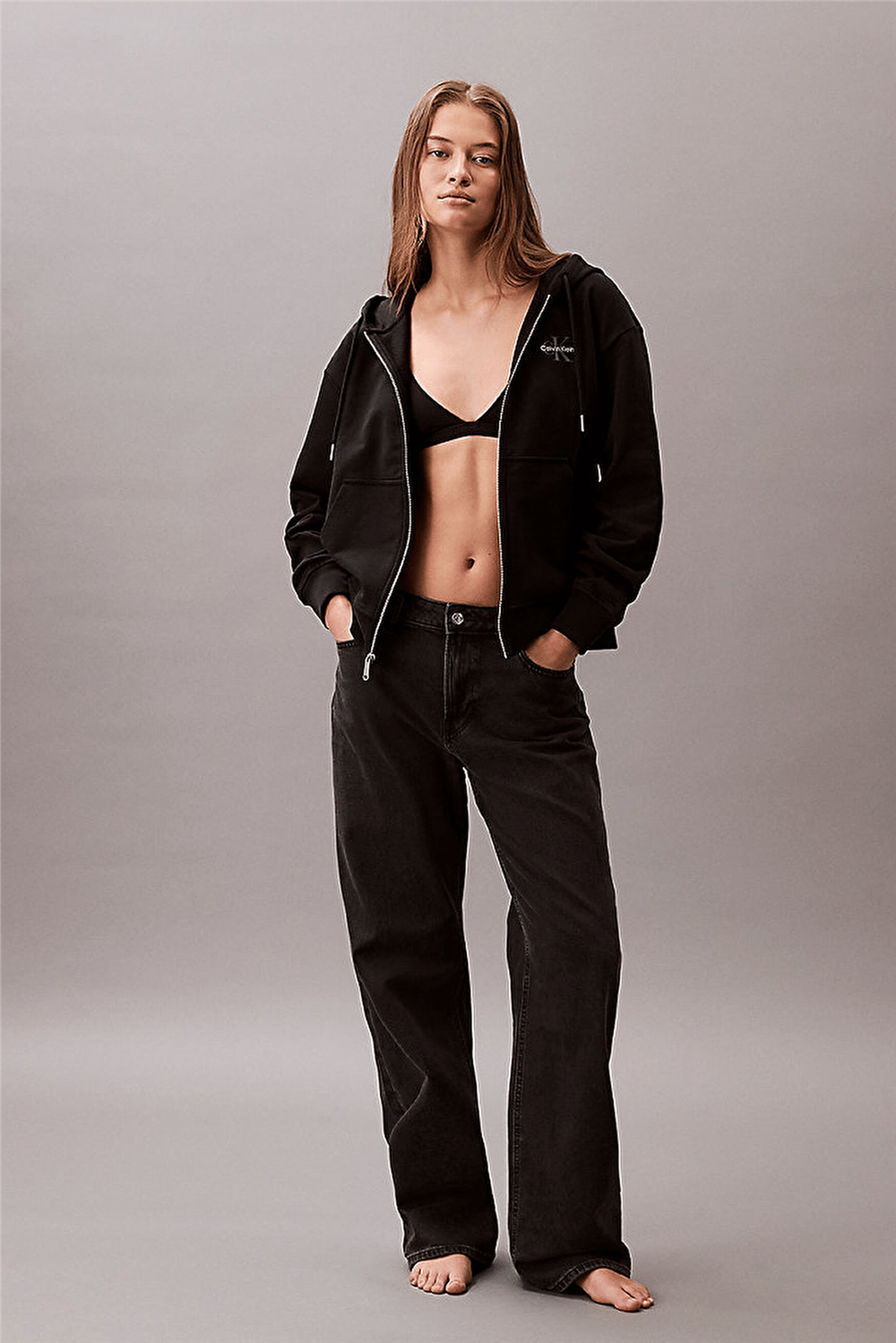 Calvin Klein Monologo French Terry Fz Bf Hood Kadın Kapüşonlu Sweatshirt Siyah