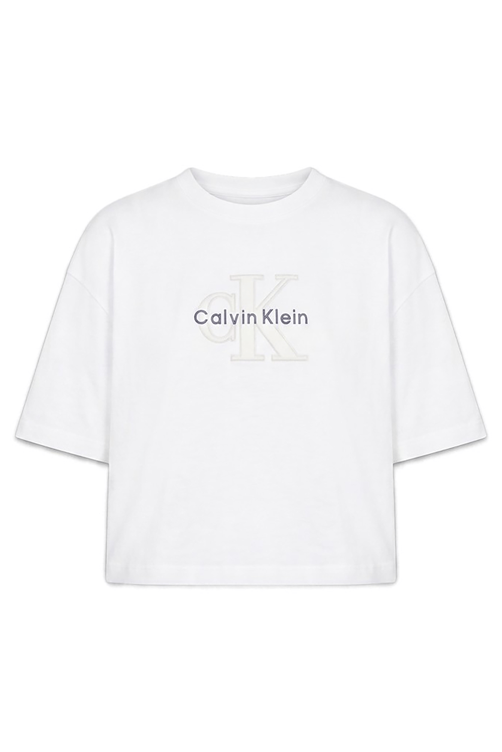Calvin Klein Os Cropped Denim Applique Monolo Kadın Bisiklet Yaka T-Shirt Beyaz