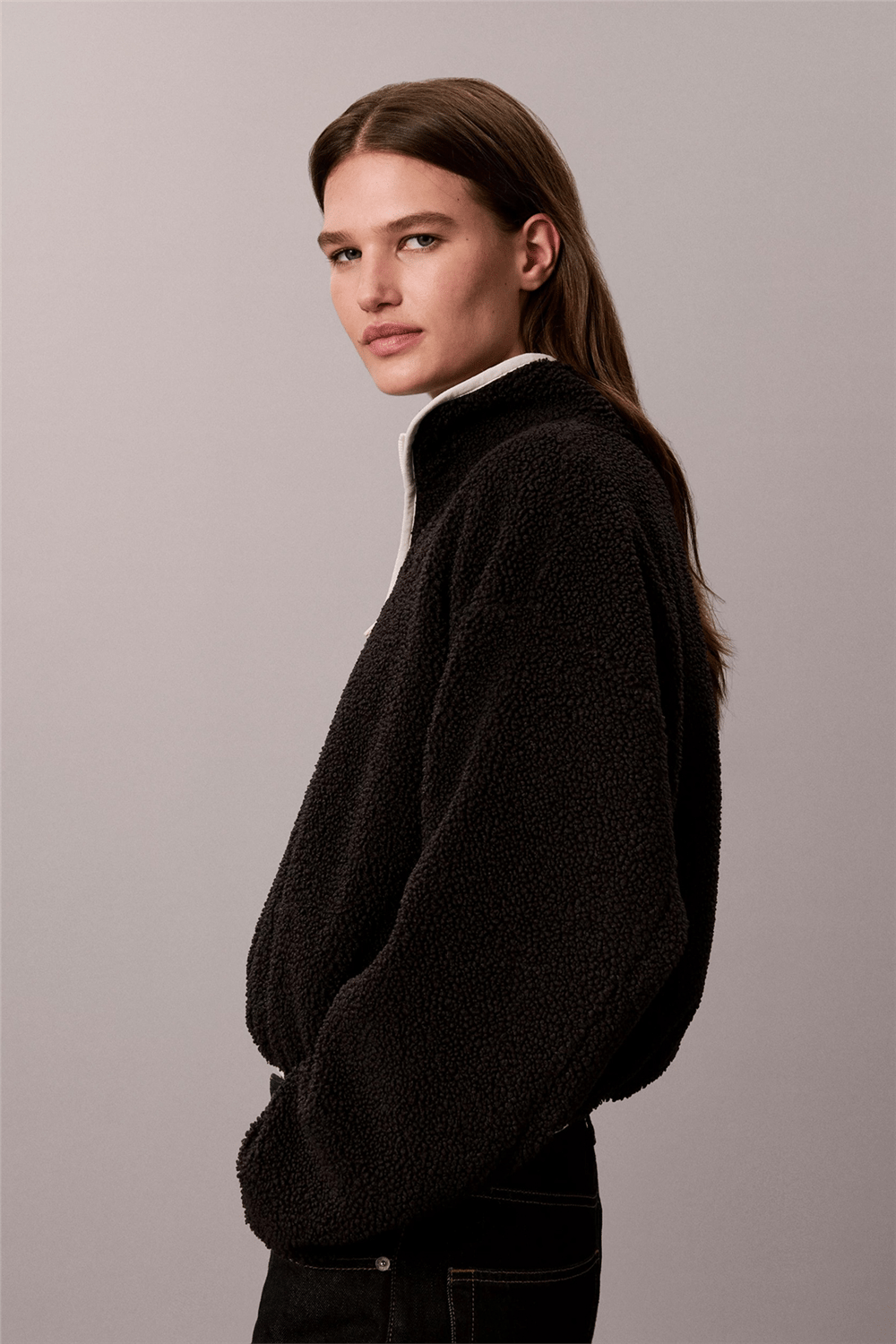 Calvin Klein Sherpa 1/4 Zip Contrast Kadın Mont Siyah