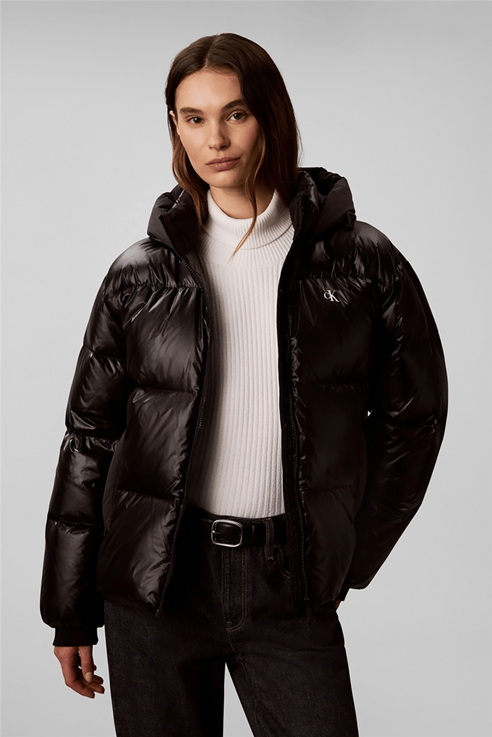 Calvin Klein Shine Mw Logo Hooded Down Puffer Kadın Şişme Mont Siyah