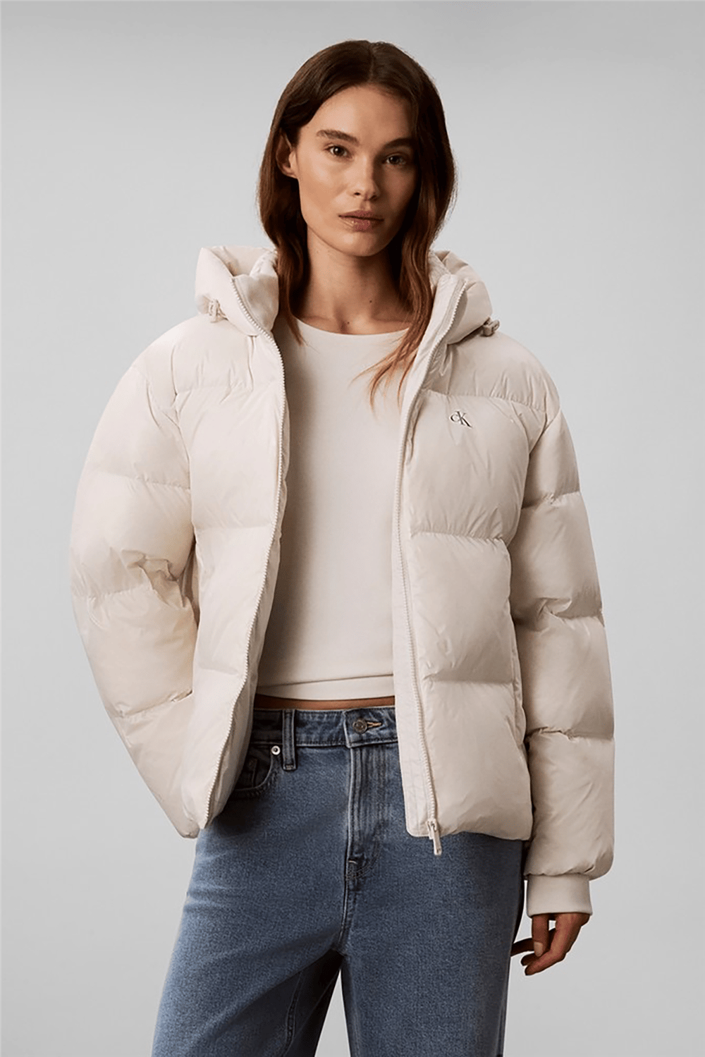 Calvin Klein Shine Mw Logo Hooded Down Puffer Kadın Şişme Mont Beyaz
