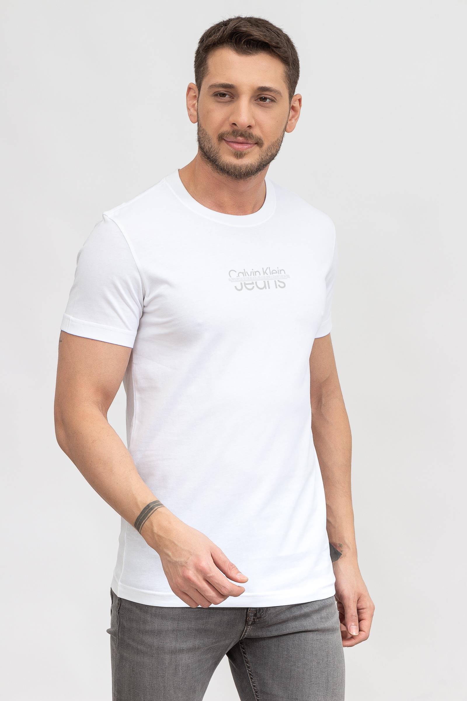 Calvin Klein Small Disrupted Lacquer Logo Erkek Bisiklet Yaka T-Shirt