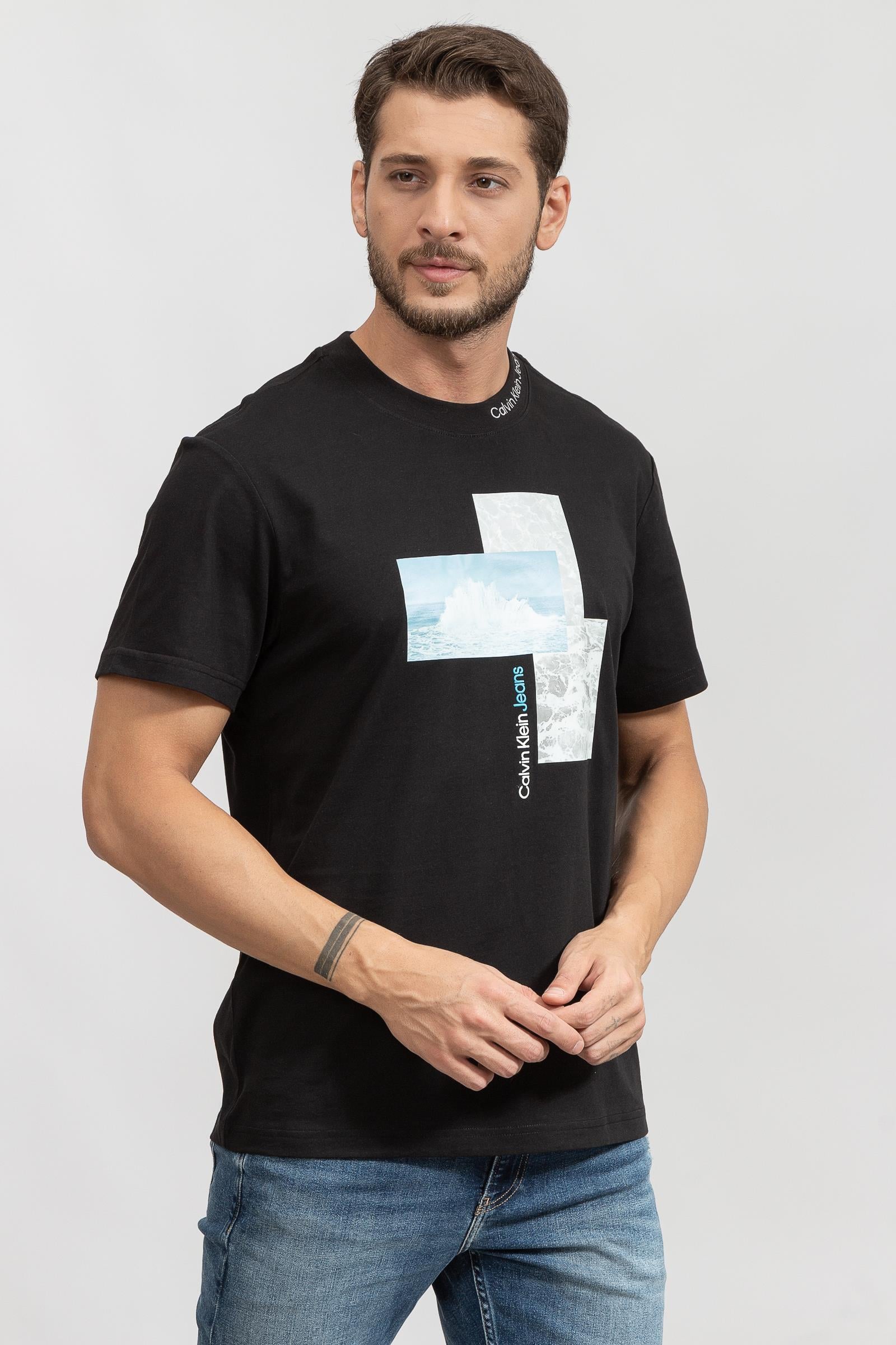 Calvin Klein Splash Photoprint Erkek Bisiklet Yaka T-Shirt
