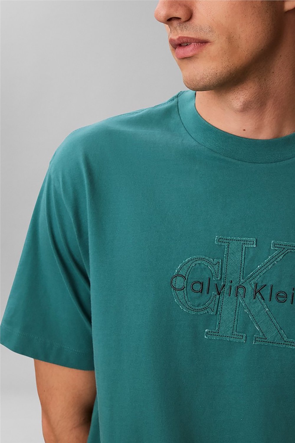 Calvin Klein Ss 16S Linen Applique Monologo T Erkek Bisiklet Yaka T-Shirt