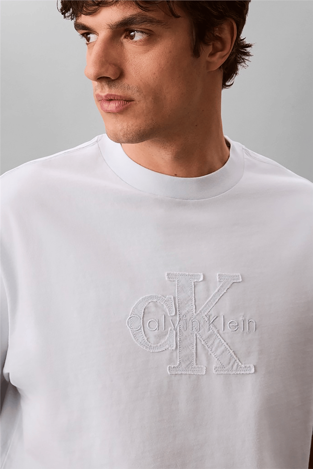 Calvin Klein Ss 16S Linen Applique Monologo T Erkek Bisiklet Yaka T-Shirt Mavi