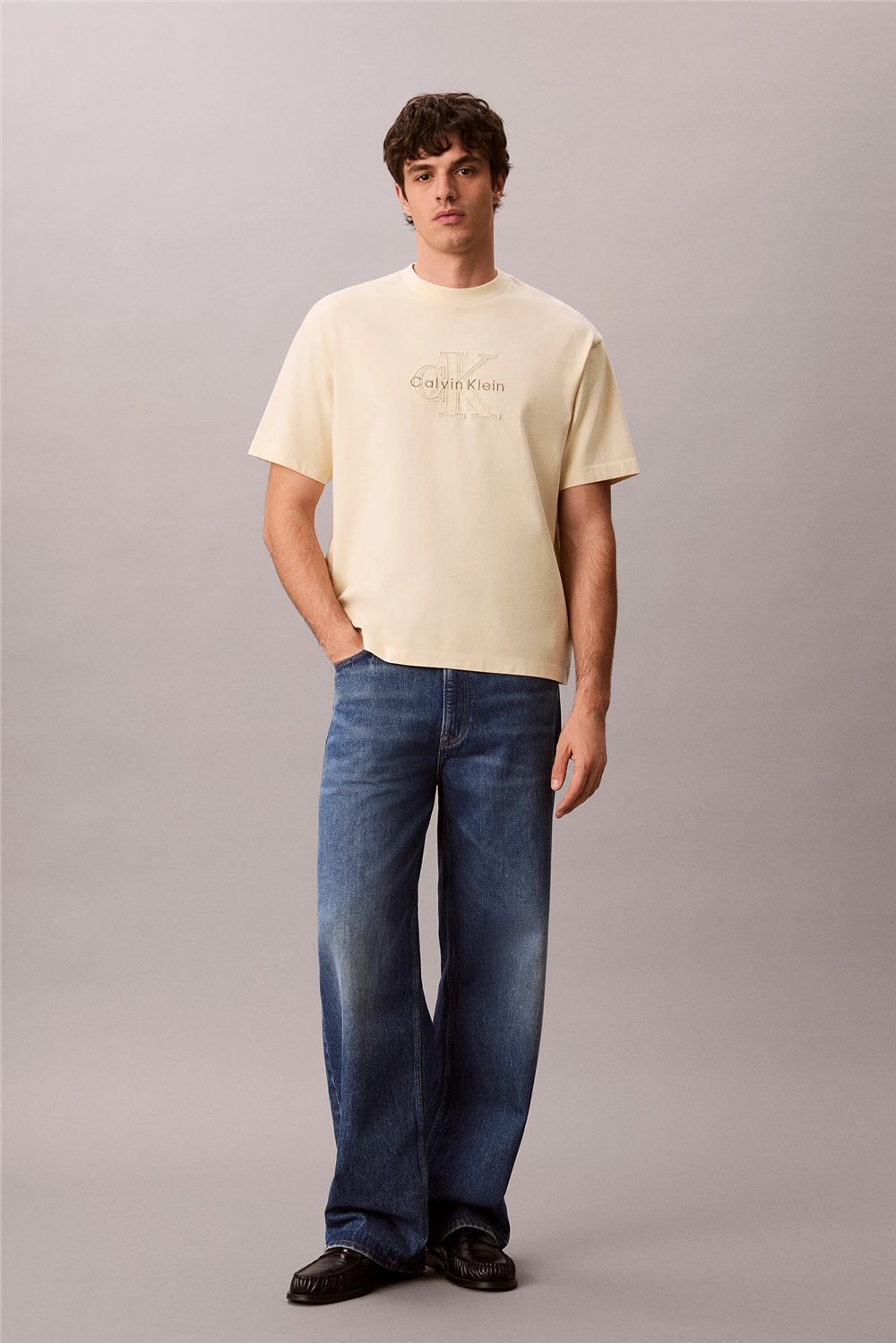 Calvin Klein Ss 16S Linen Applique Monologo T Erkek Bisiklet Yaka T-Shirt