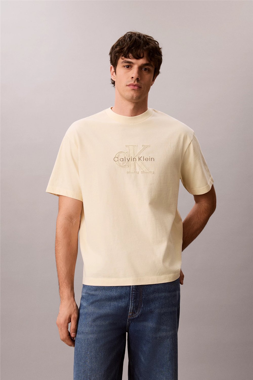 Calvin Klein Ss 16S Linen Applique Monologo T Erkek Bisiklet Yaka T-Shirt