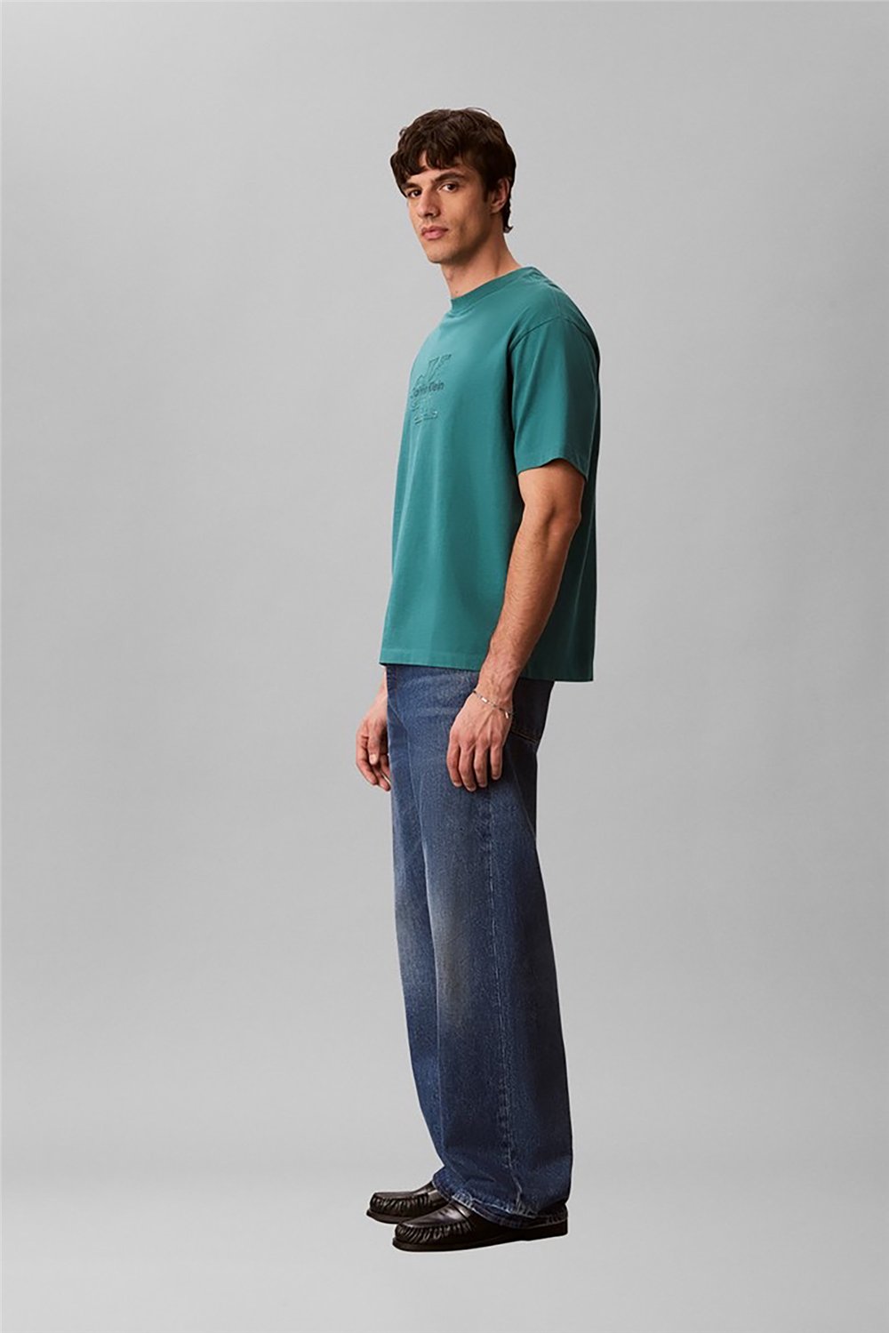 Calvin Klein Ss 16S Linen Applique Monologo T Erkek Bisiklet Yaka T-Shirt