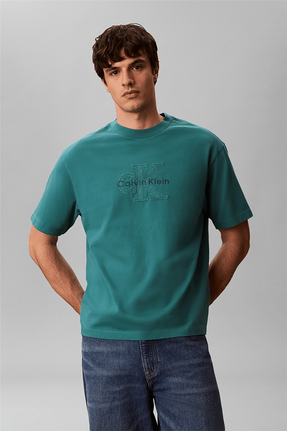 Calvin Klein Ss 16S Linen Applique Monologo T Erkek Bisiklet Yaka T-Shirt