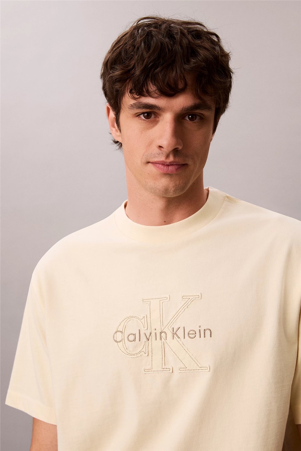 Calvin Klein Ss 16S Linen Applique Monologo T Erkek Bisiklet Yaka T-Shirt
