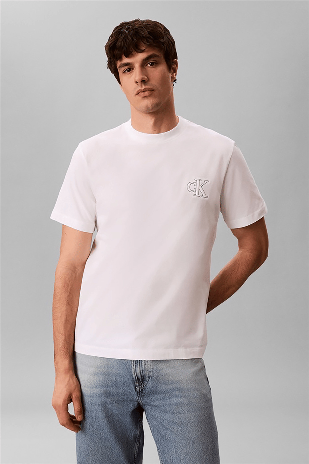 Calvin Klein Ss 30S Jersey Easy Monogram Puff Erkek Bisiklet Yaka T-Shirt Beyaz
