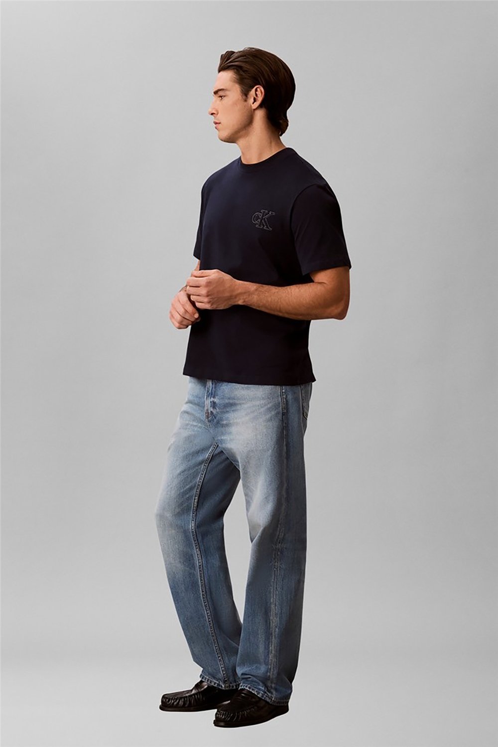 Calvin Klein Ss 30S Jersey Easy Monogram Puff Erkek Bisiklet Yaka T-Shirt Lacivert