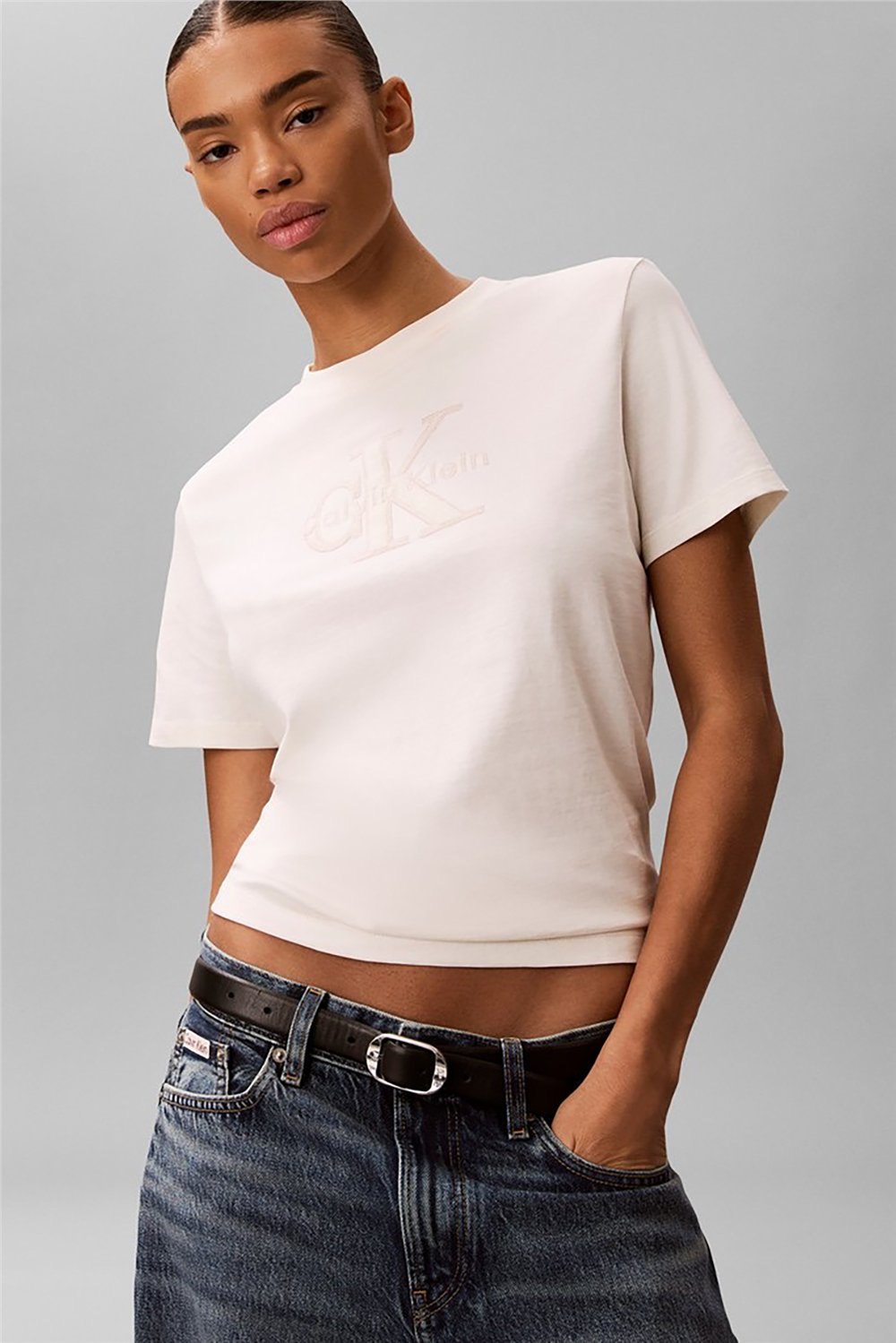 Calvin Klein Ss Baby Terry Hero Monologo Tee Kadın Bisiklet Yaka T-Shirt Beyaz