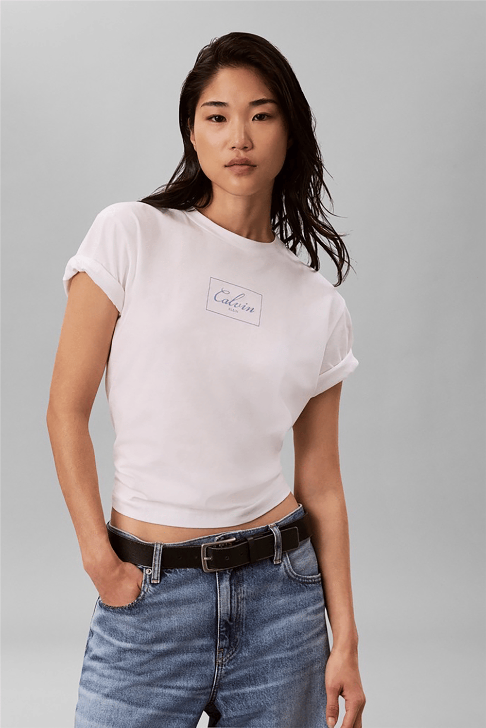 Calvin Klein Ss Boxy Bold Box Logo Tee Kadın Bisiklet Yaka T-Shirt Beyaz