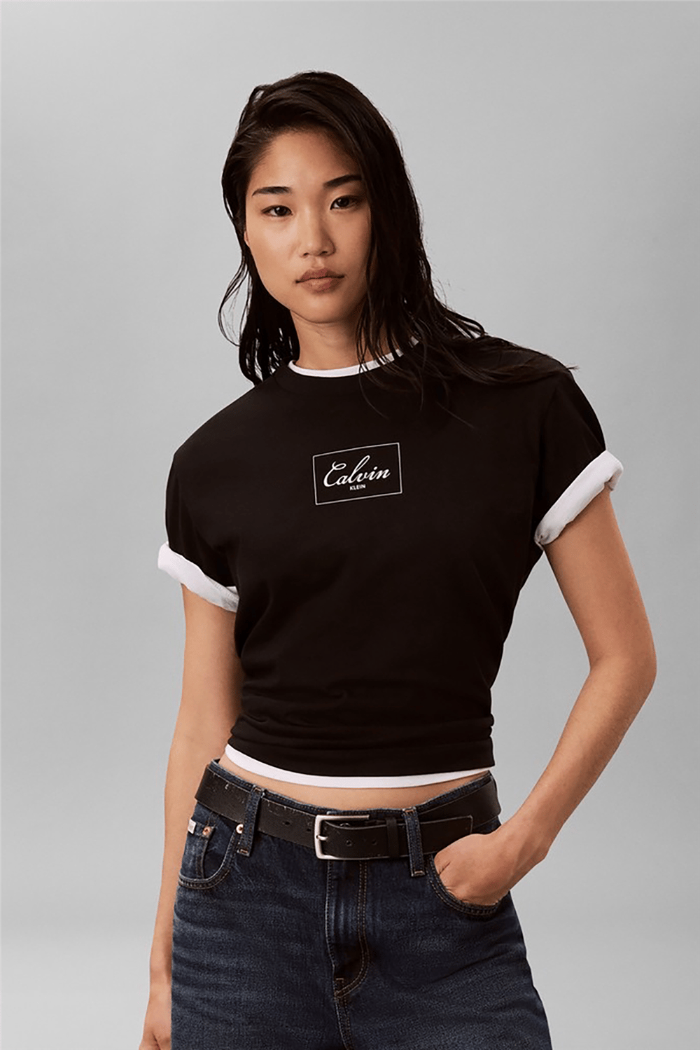 Calvin Klein Ss Boxy Bold Box Logo Tee Kadın Bisiklet Yaka T-Shirt Siyah
