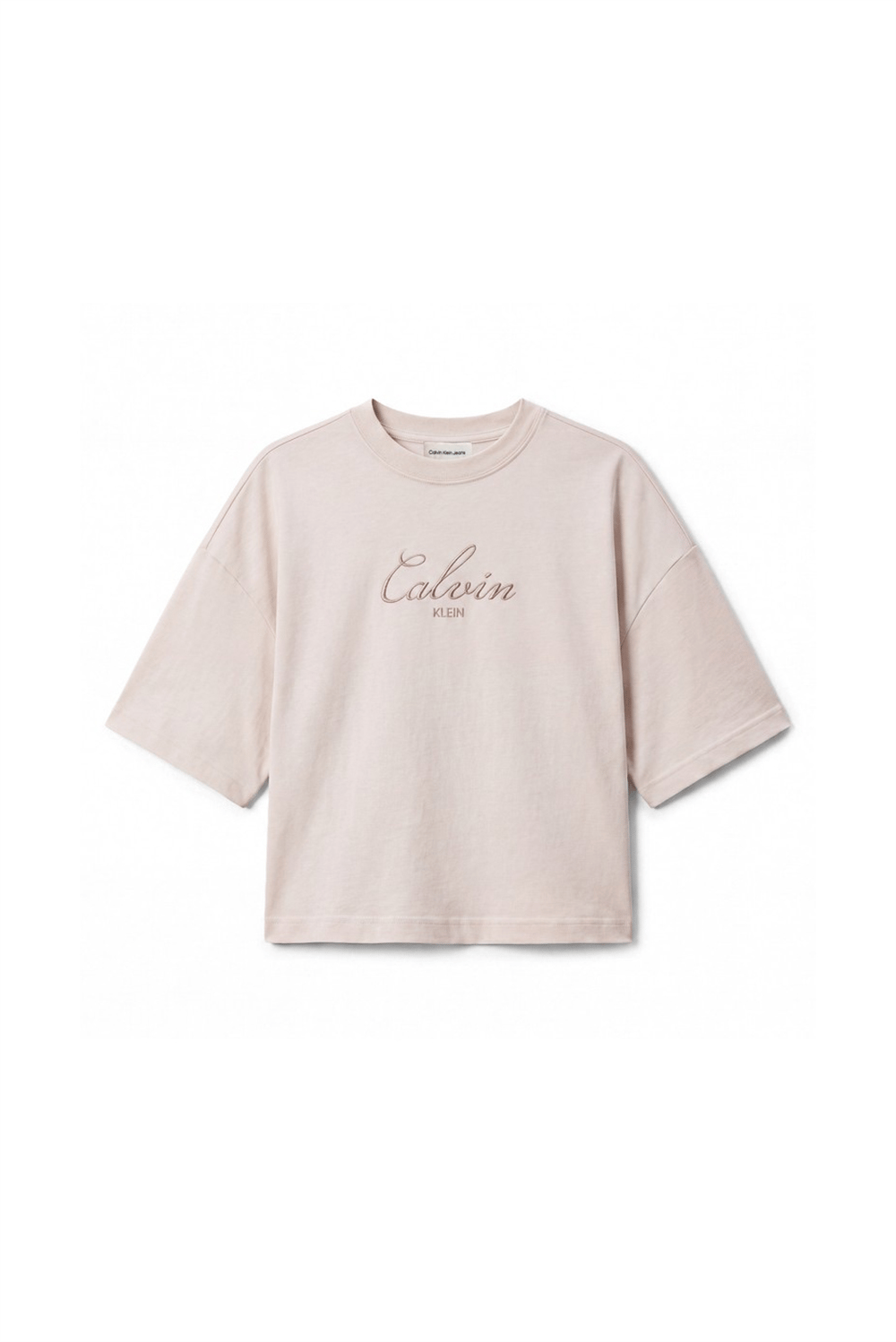 Calvin Klein Ss Boxy Crop Script Logo Tee Kadın Bisiklet Yaka T-Shirt Bej