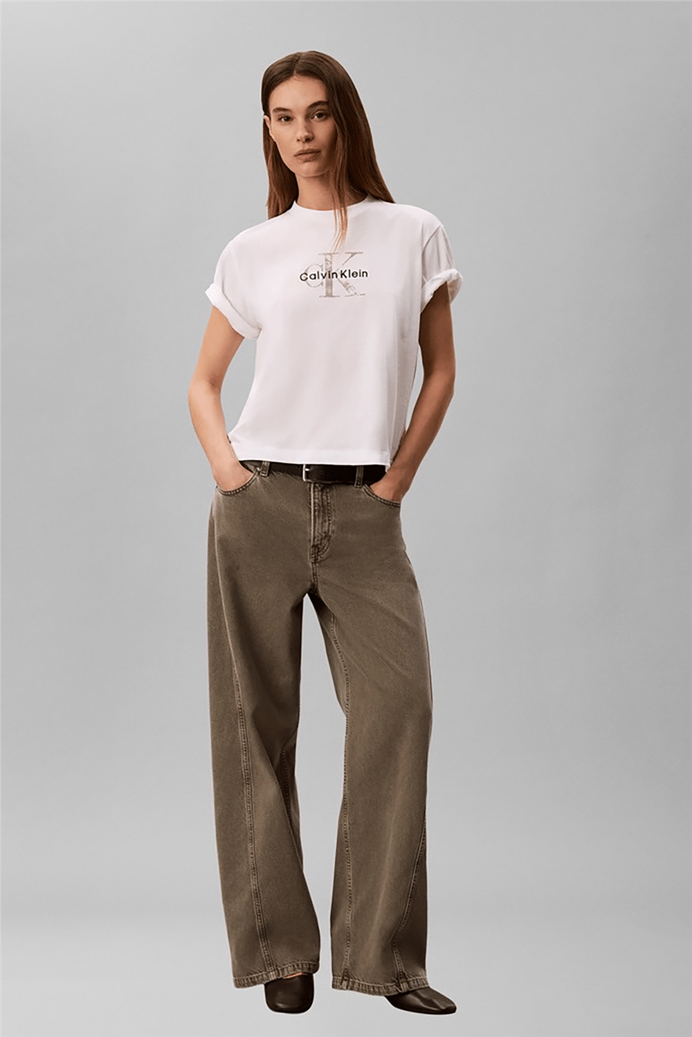 Calvin Klein Ss Boxy Hand Drawn Monologo Tee Kadın Bisiklet Yaka T-Shirt Beyaz