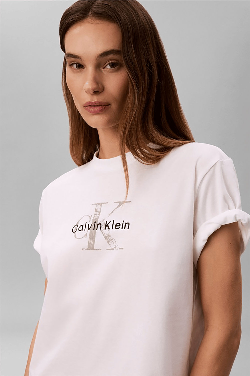 Calvin Klein Ss Boxy Hand Drawn Monologo Tee Kadın Bisiklet Yaka T-Shirt Beyaz