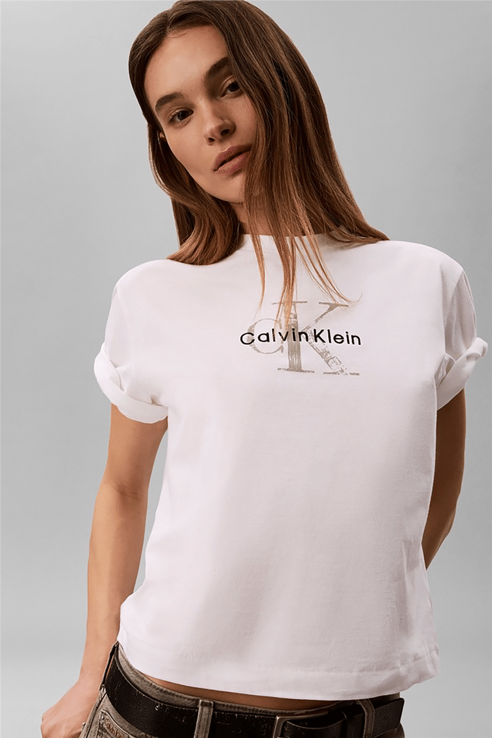 Calvin Klein Ss Boxy Hand Drawn Monologo Tee Kadın Bisiklet Yaka T-Shirt Beyaz