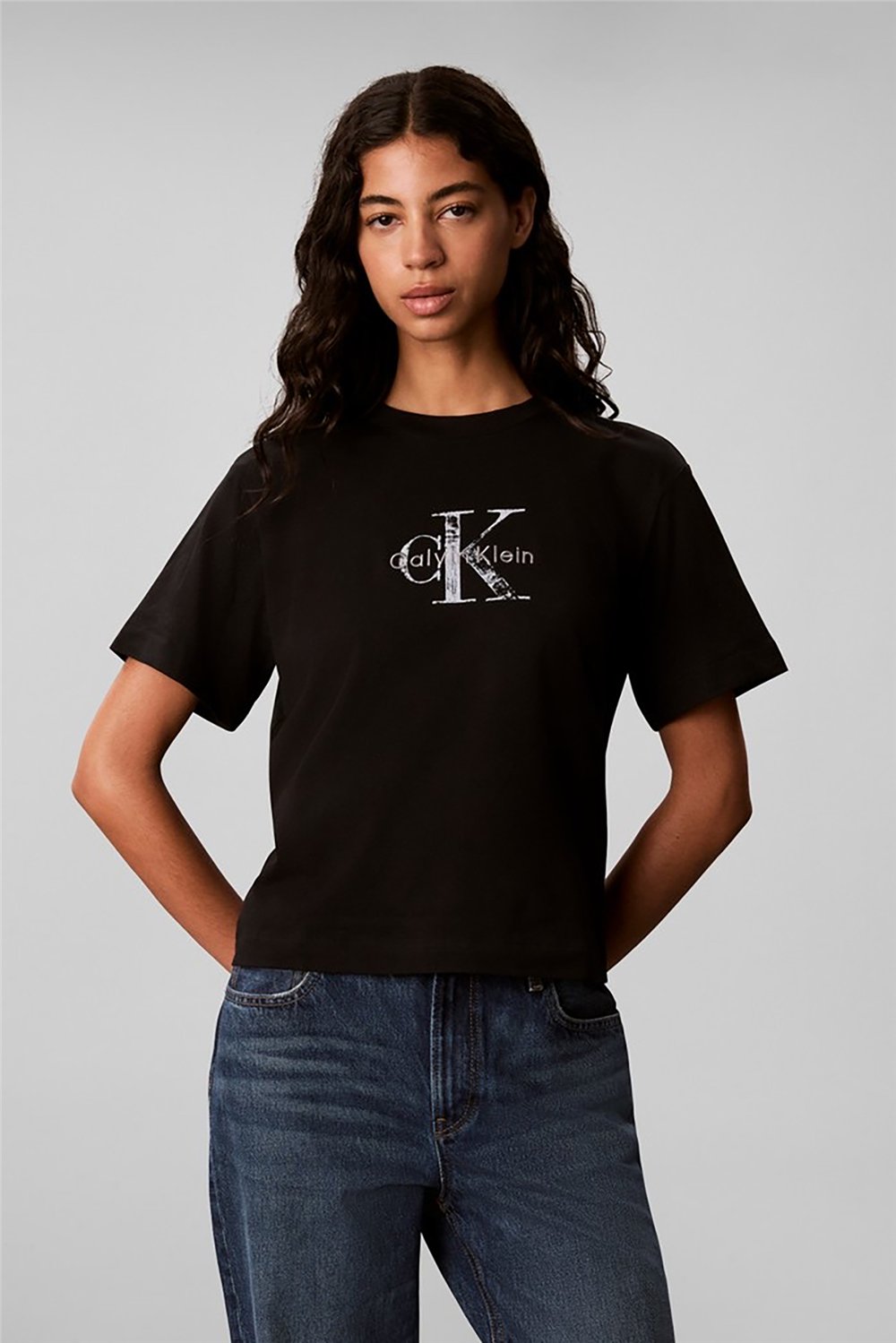 Calvin Klein Ss Boxy Hand Drawn Monologo Tee Kadın Bisiklet Yaka T-Shirt Siyah