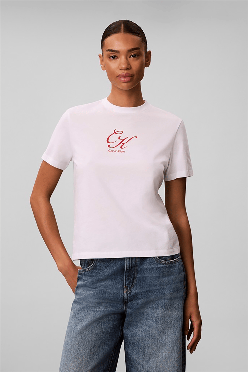 Calvin Klein Ss Classic Script initial Tee Kadın Bisiklet Yaka T-Shirt Beyaz