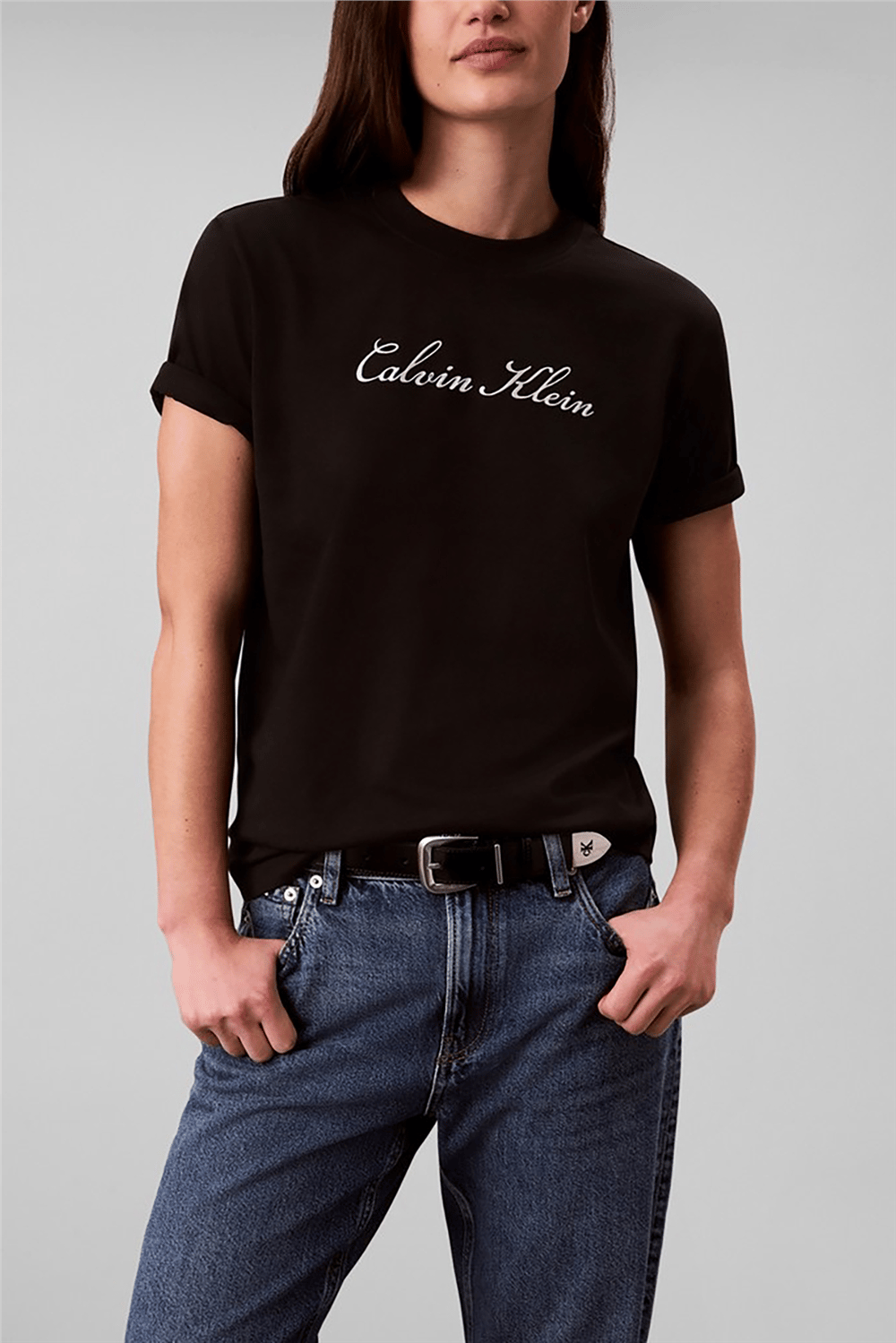 Calvin Klein Ss Classic Script Logo Tee Kadın Bisiklet Yaka T-Shirt Siyah