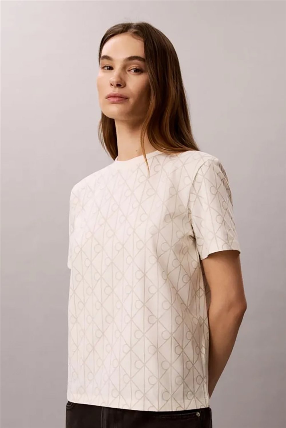 Calvin Klein Ss Classic Seasonal Aop Tee Kadın Bisiklet Yaka T-Shirt Beyaz
