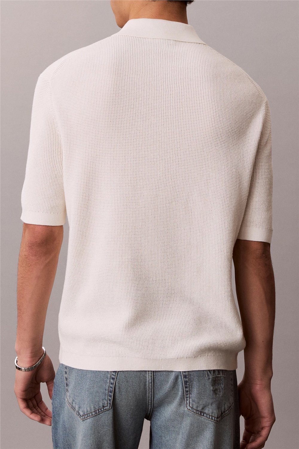 Calvin Klein Ss Cotton Waffle Polo Collarswtr Erkek Triko Beyaz