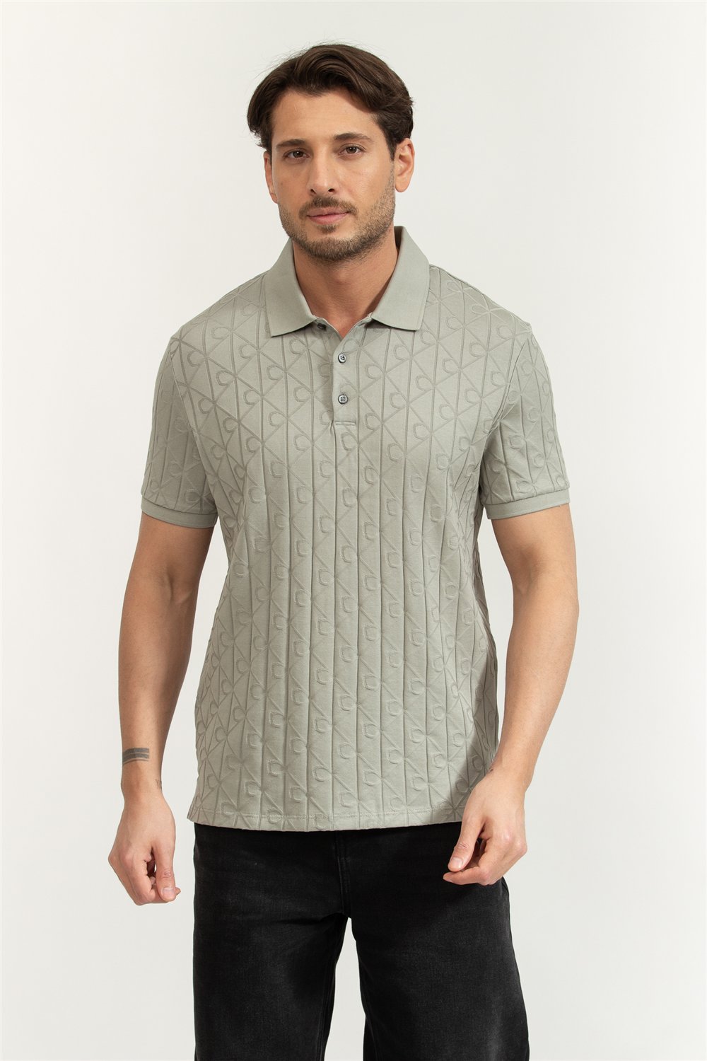 Calvin Klein SS DBL Mercerized Emblem Jacquar Erkek Polo Yaka Triko