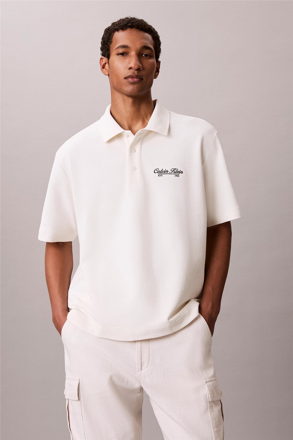 Calvin Klein Ss Easy Applique Pique Polo Erkek Polo Yaka T-Shirt Beyaz