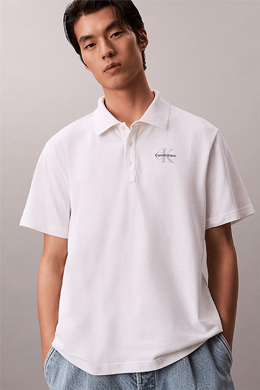 Calvin Klein Ss Easy Monologo Casual Pique Po Erkek Polo Yaka T-Shirt Beyaz