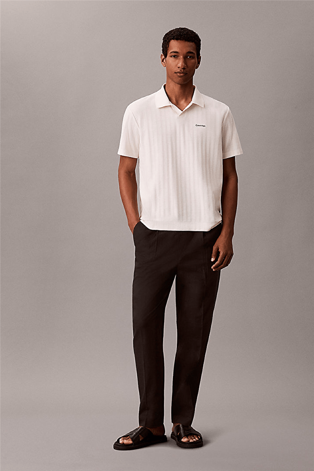 Calvin Klein Ss Easy Vertical Stripe Textured Erkek Polo Yaka Triko Beyaz