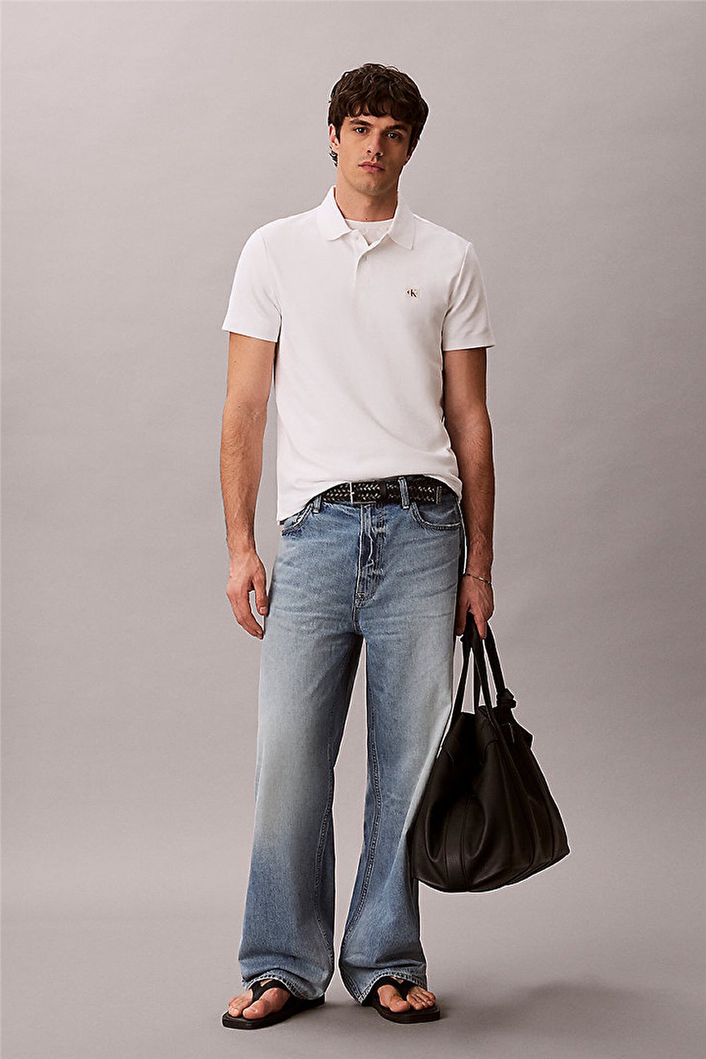 Calvin Klein Ss Microwaffle Woven Label Polo Erkek Polo Yaka T-Shirt Beyaz