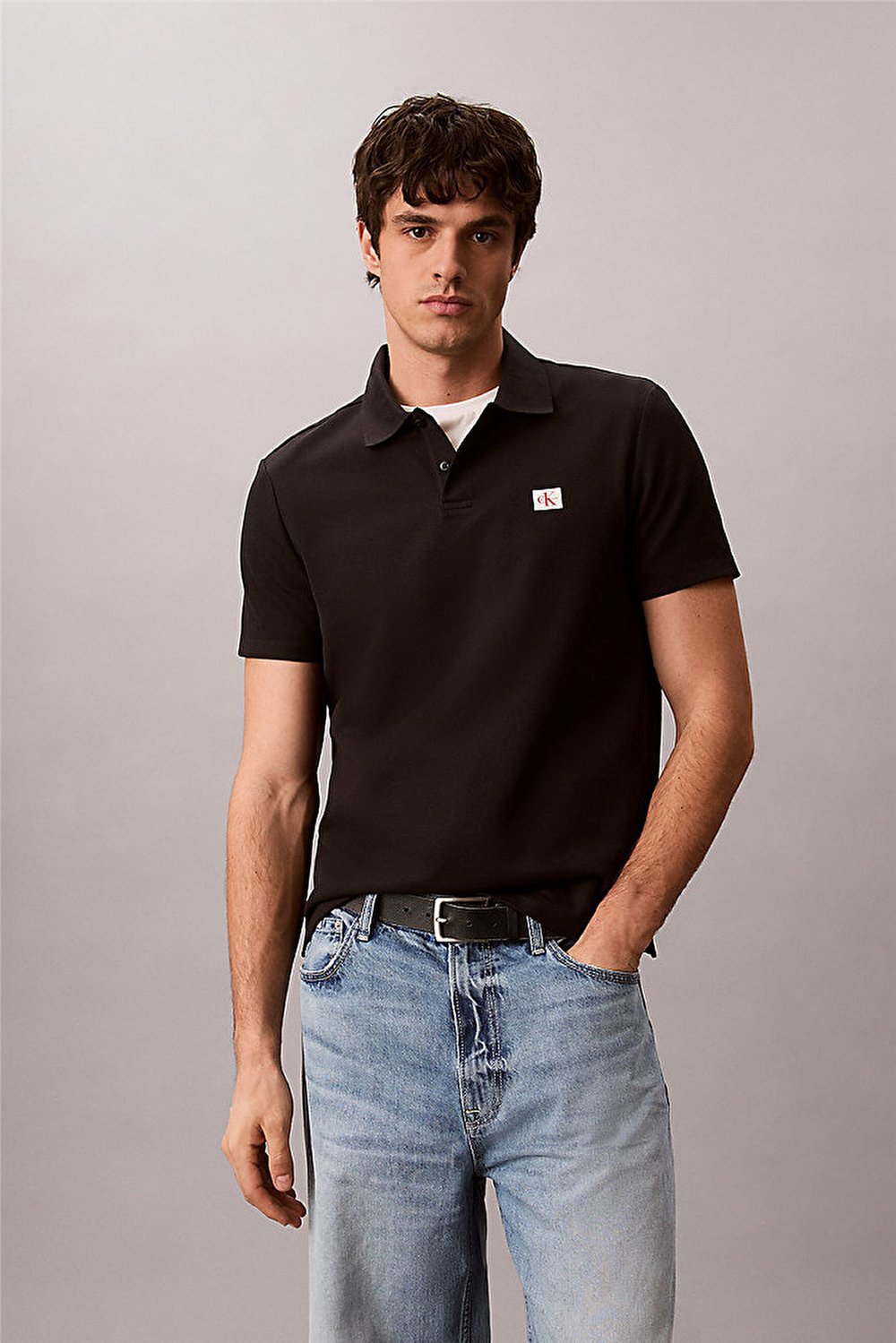 Calvin Klein Ss Microwaffle Woven Label Polo Erkek Polo Yaka T-Shirt Siyah