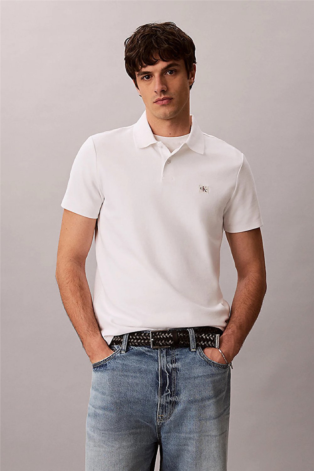 Calvin Klein Ss Microwaffle Woven Label Polo Erkek Polo Yaka T-Shirt Beyaz