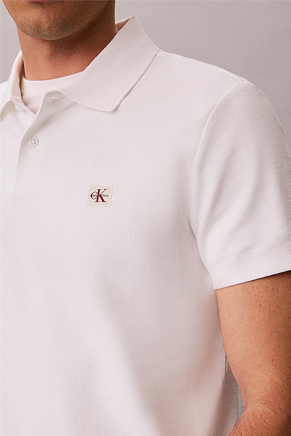 Calvin Klein Ss Microwaffle Woven Label Polo Erkek Polo Yaka T-Shirt Beyaz