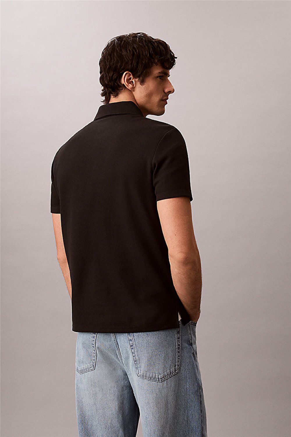 Calvin Klein Ss Microwaffle Woven Label Polo Erkek Polo Yaka T-Shirt Siyah