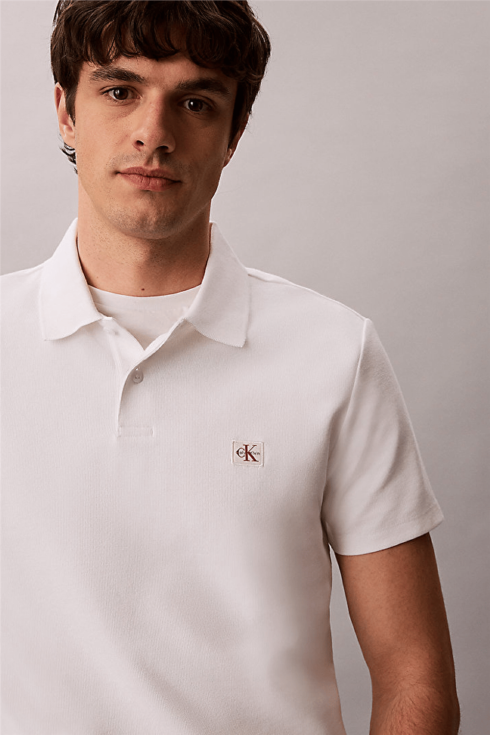 Calvin Klein Ss Microwaffle Woven Label Polo Erkek Polo Yaka T-Shirt Beyaz